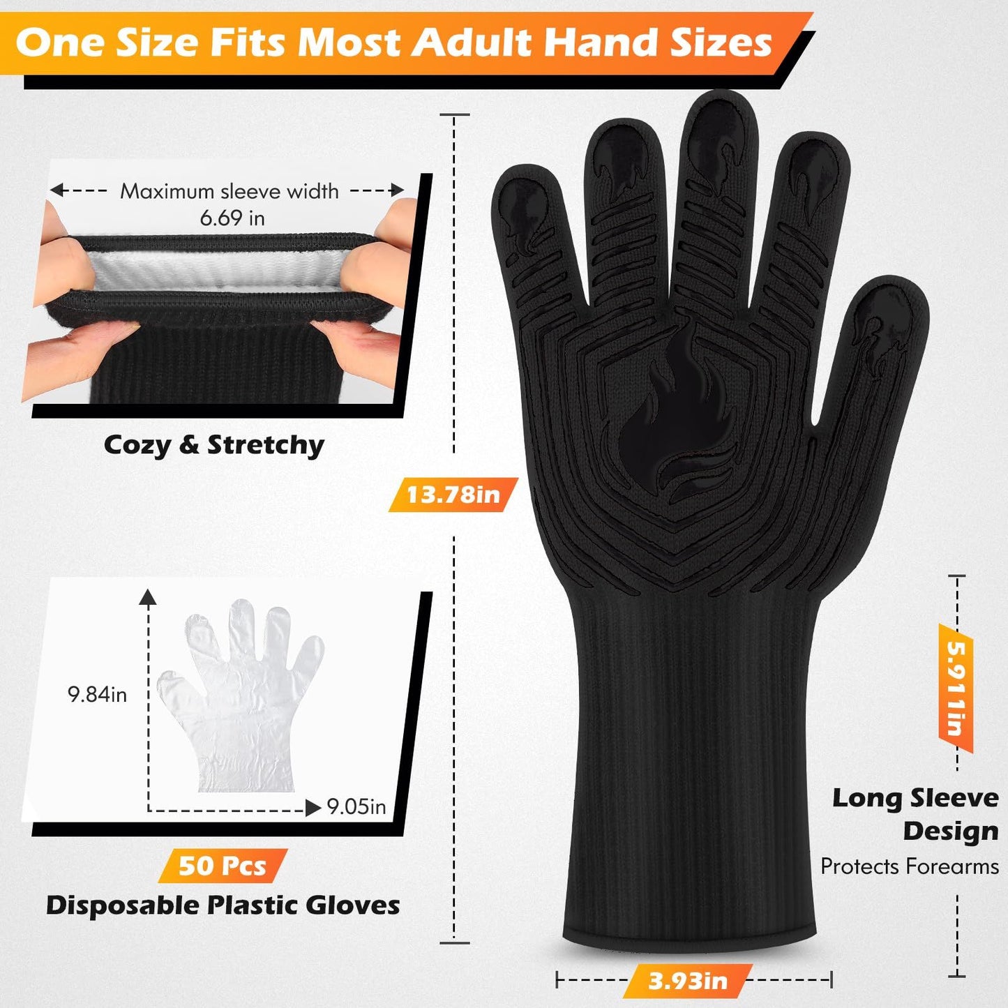BBQ Gloves, 1472°F Heat Resistant Fireproof Mitts, Silicone Non-Slip Washable Oven Kitchen Gloves for Barbecue, Grilling image 4