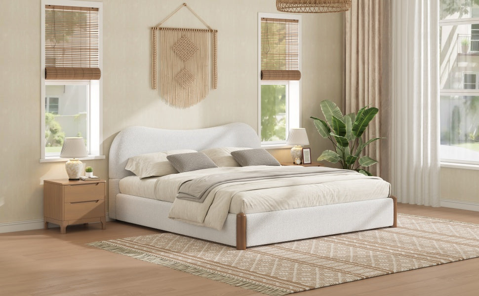 Queen Size Upholstered Platform Bed with Wood Supporting Feet, White image 3