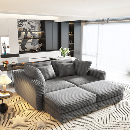 102.4 "Plush Corduroy 4-Seat Sofa,Modern Comfy Upholstered Sofa Cloud Couch,Deep Seat Couches with Soft Pillows and 2 Ottomans,Convertible Sofa Lounge Chair,Grey(Old SKU:W1885S00279) image 7