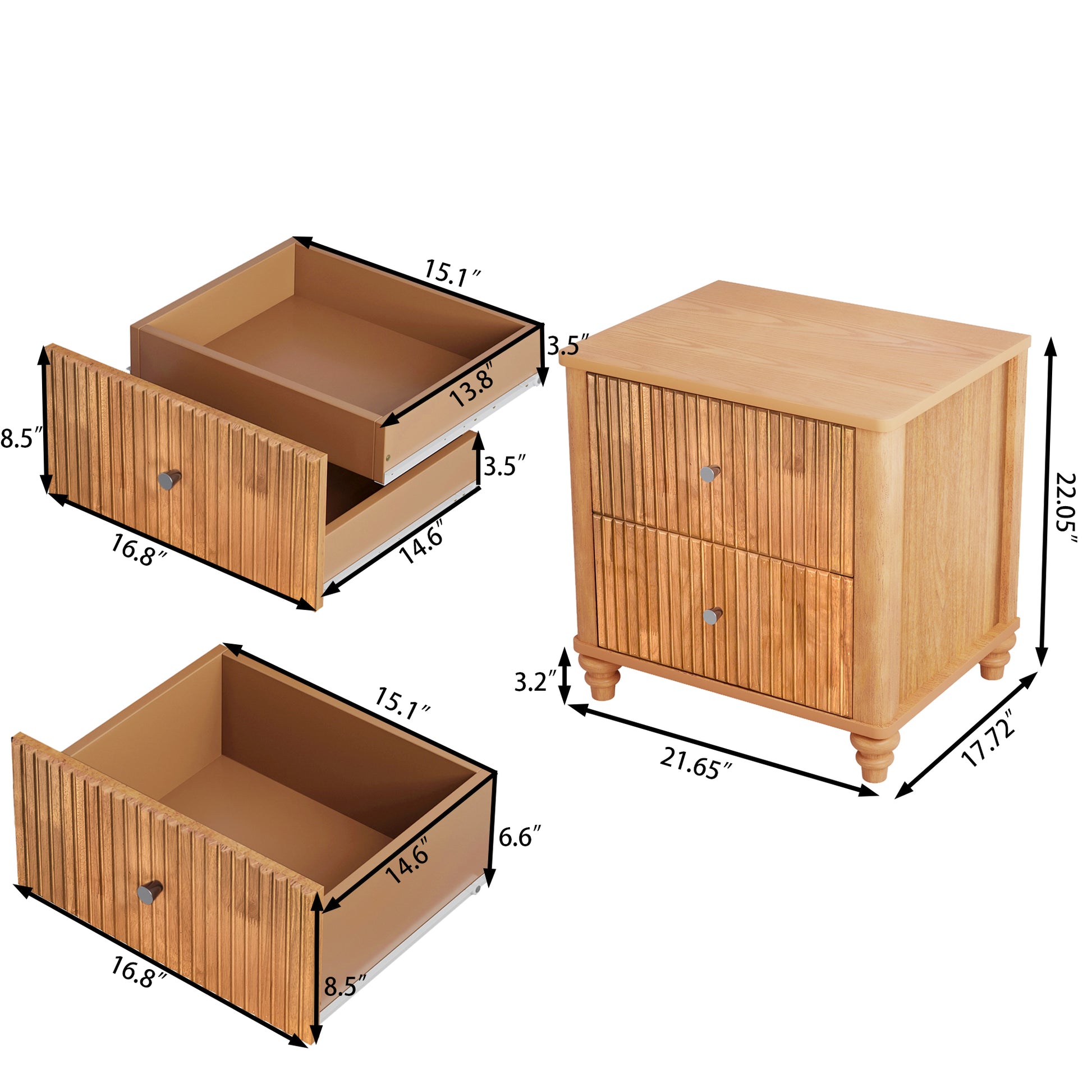 Fluted Nightstand, 21.65" Wide Side Table with 3 Drawers, Mid Century Modern Wood NightStand with Metal Handle, Wooden Bedside End Table for Bedroom, Living Room, Closet, Natural image 4
