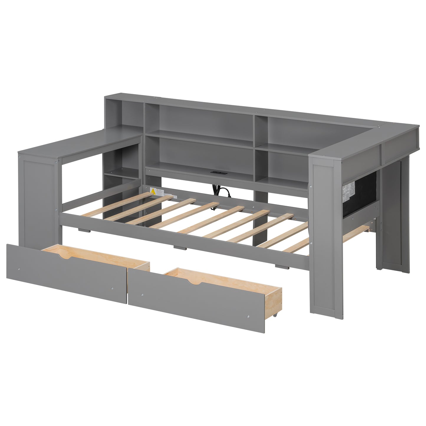 Wood Twin Size Platform Bed with Storage Shelves, Drawers, Charging Station, LED, Desk and Upholstered Headboard, Grey+ Grey Cushion image 12