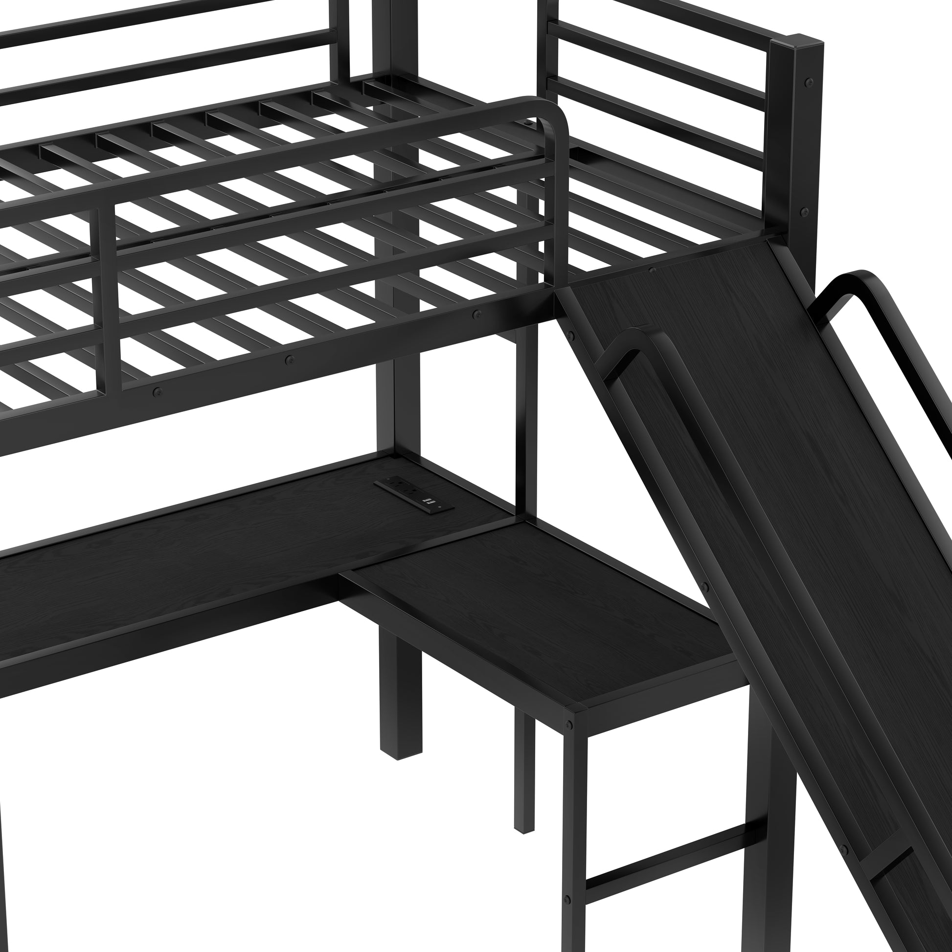 L-Shaped Twin XL over Queen Bunk Bed with Twin Size Loft Bed, Metal Triple Bunk Bed with Slide and USB Ports, Space-saving and Noise-free Design, Black image 9
