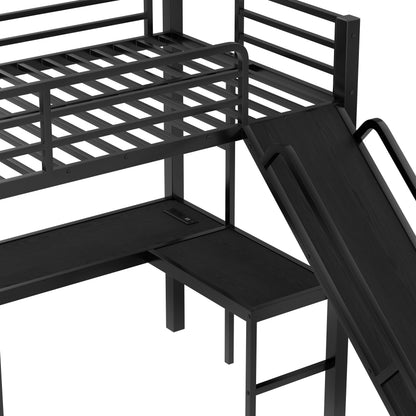 L-Shaped Twin XL over Queen Bunk Bed with Twin Size Loft Bed, Metal Triple Bunk Bed with Slide and USB Ports, Space-saving and Noise-free Design, Black image 9