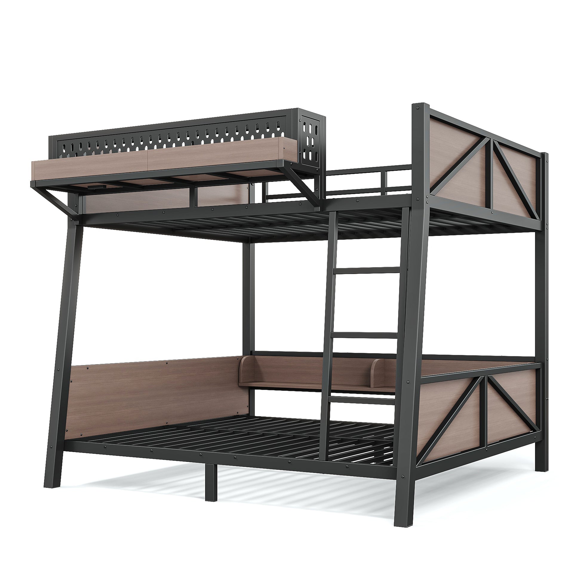 Full Bunk Bed with Storage Shelves,Twin Size Metal Bunk Bed Frame with LED Light and USB Ports For Kids,Teens.Black image 10