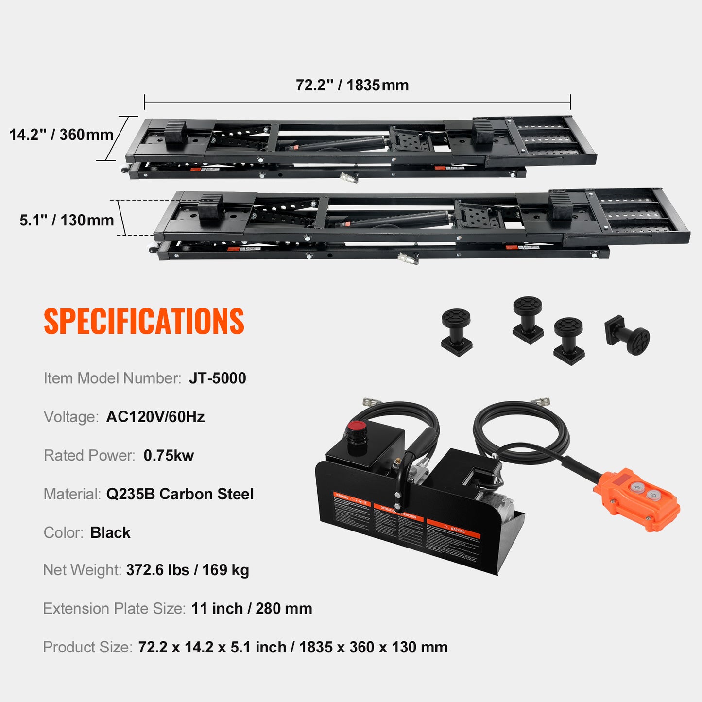 Car Lift, 25.6" Max. Height, 5,000 LBS Capacity Portable Car Lift, with Extended-Length Plates, Heavy-duty Carbon Steel Truck Lift with 120V Power Unit, Auto Car Jack Lifts for Home Garage Shop image 3