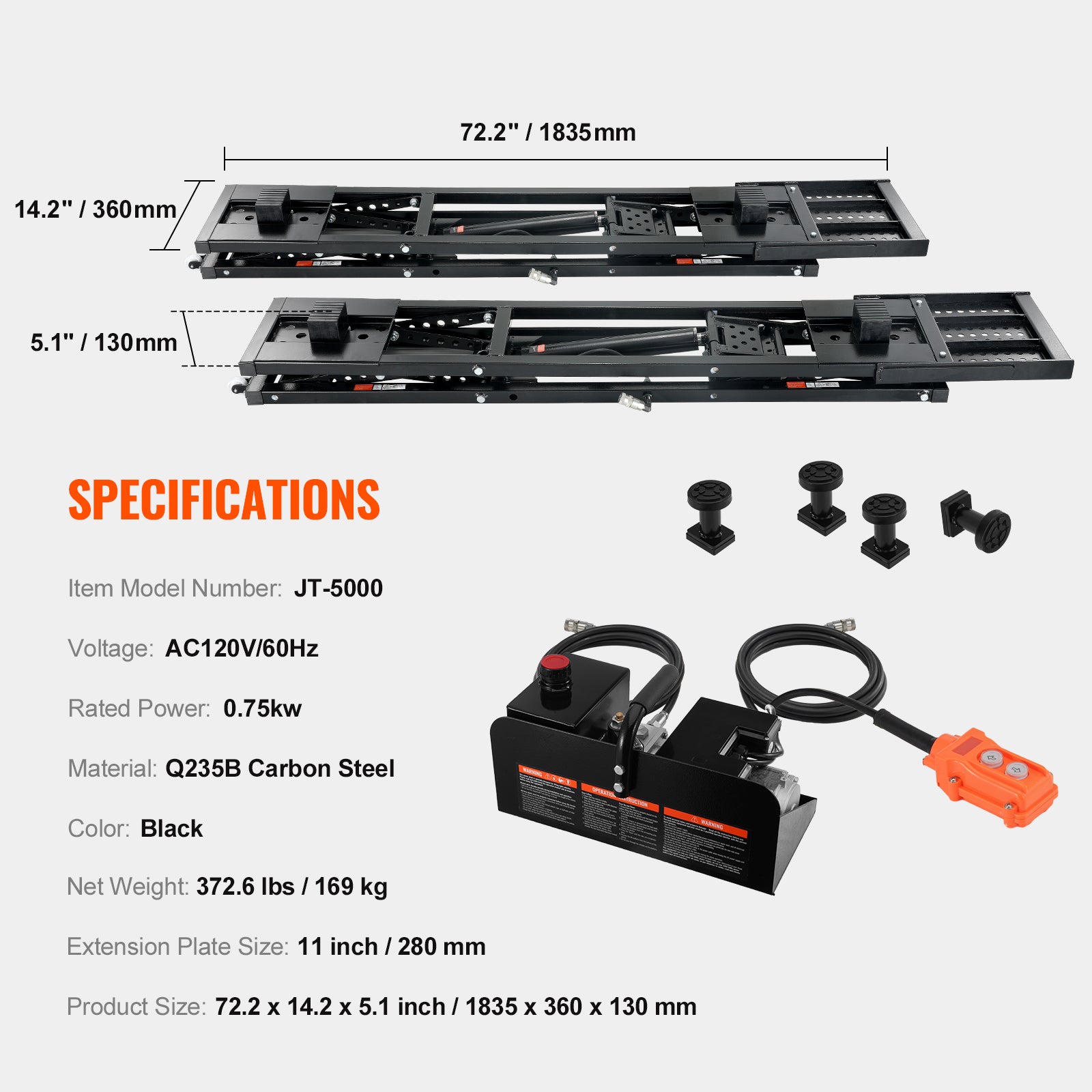 Car Lift, 25.6" Max. Height, 5,000 LBS Capacity Portable Car Lift, with Extended-Length Plates, Heavy-duty Carbon Steel Truck Lift with 120V Power Unit, Auto Car Jack Lifts for Home Garage Shop image 3