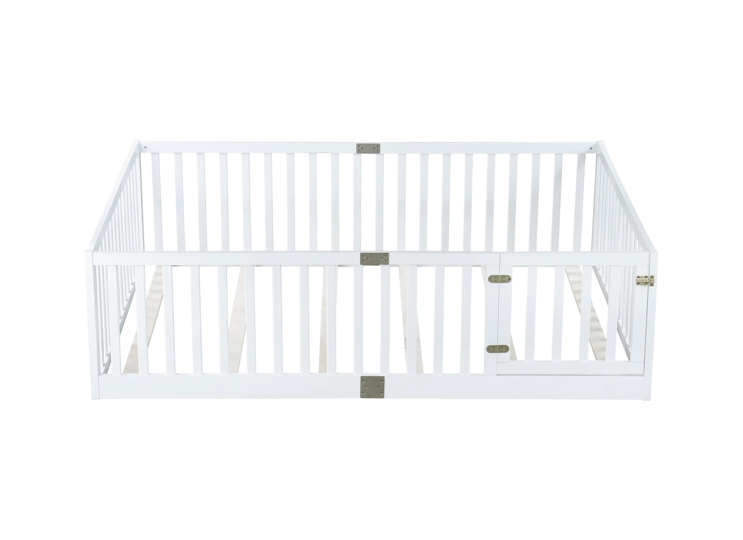 Full Size Floor Bed with High Fence Railings, with Door,6 Slats Included, Rubber Wood Floor Bed with Safety Guardrails,White image 9