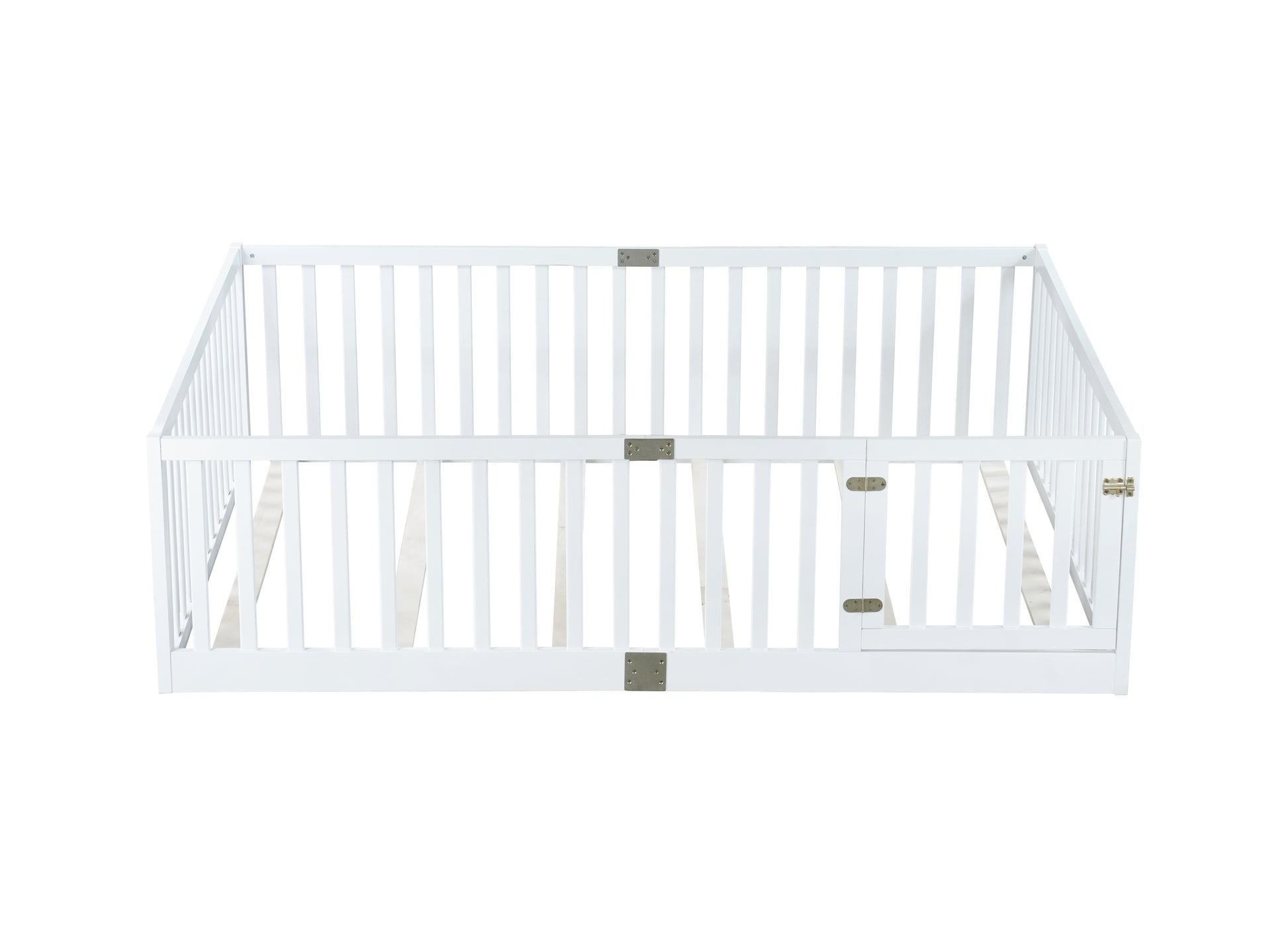 Full Size Floor Bed with High Fence Railings, with Door,6 Slats Included, Rubber Wood Floor Bed with Safety Guardrails,White image 9