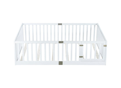 Full Size Floor Bed with High Fence Railings, with Door,6 Slats Included, Rubber Wood Floor Bed with Safety Guardrails,White image 9