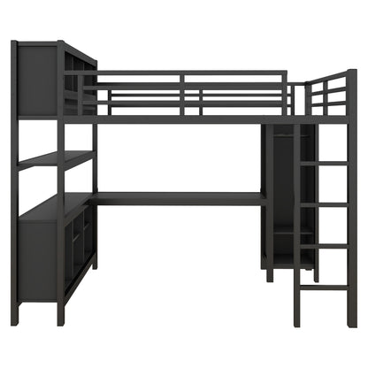 Metal Loft Bed with Wardrobe And L-shaped Desk, Full Size Loft Bed with Storage Cubes and Shelves, Heavy Duty Loft Bed for Kids Teens Adults, Black image 7