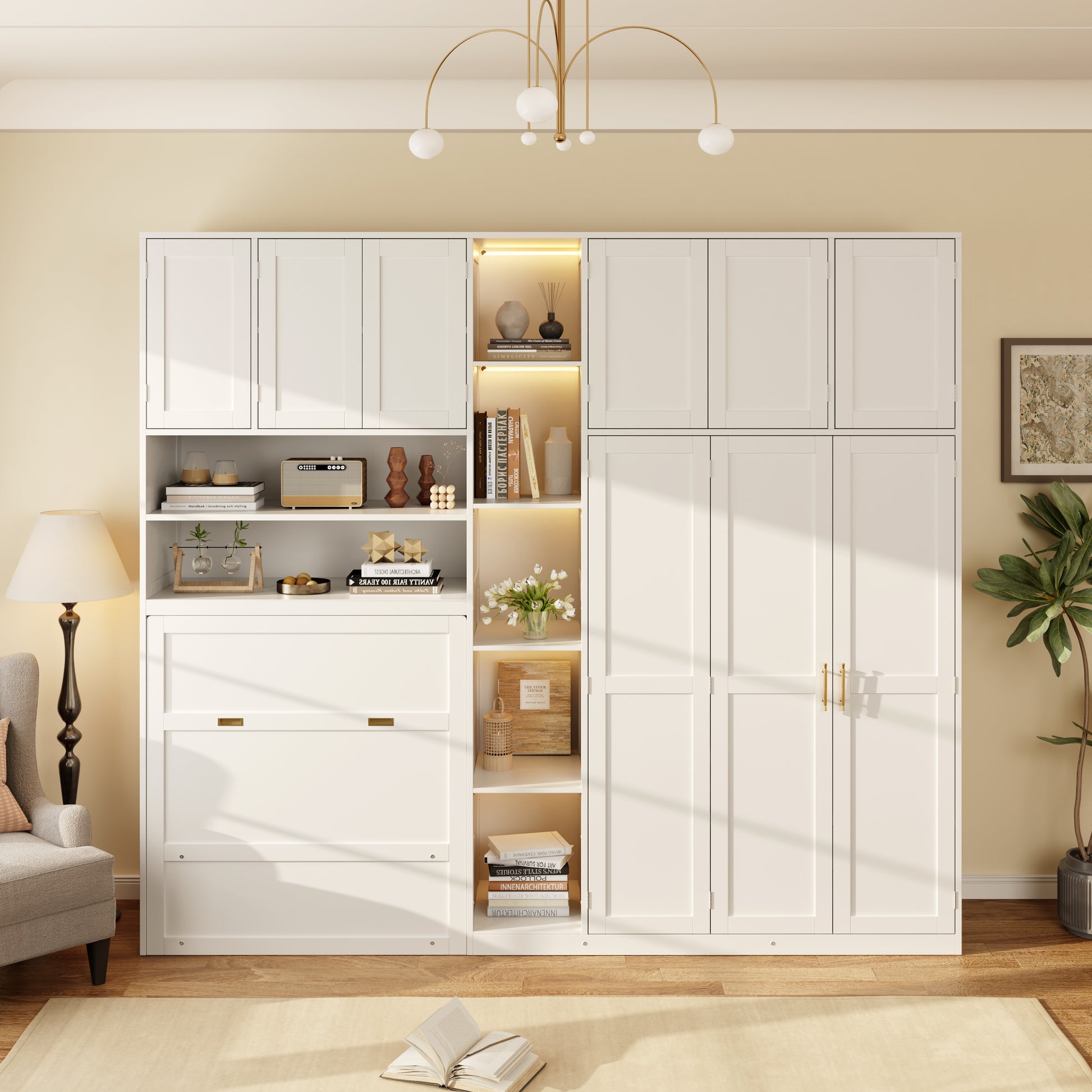 Twin Size Murphy Cabinet Bed with Wardrobe & Storage Shelves, 5-Tier LED Display Shelves, Overhead Cabinets, White image 1