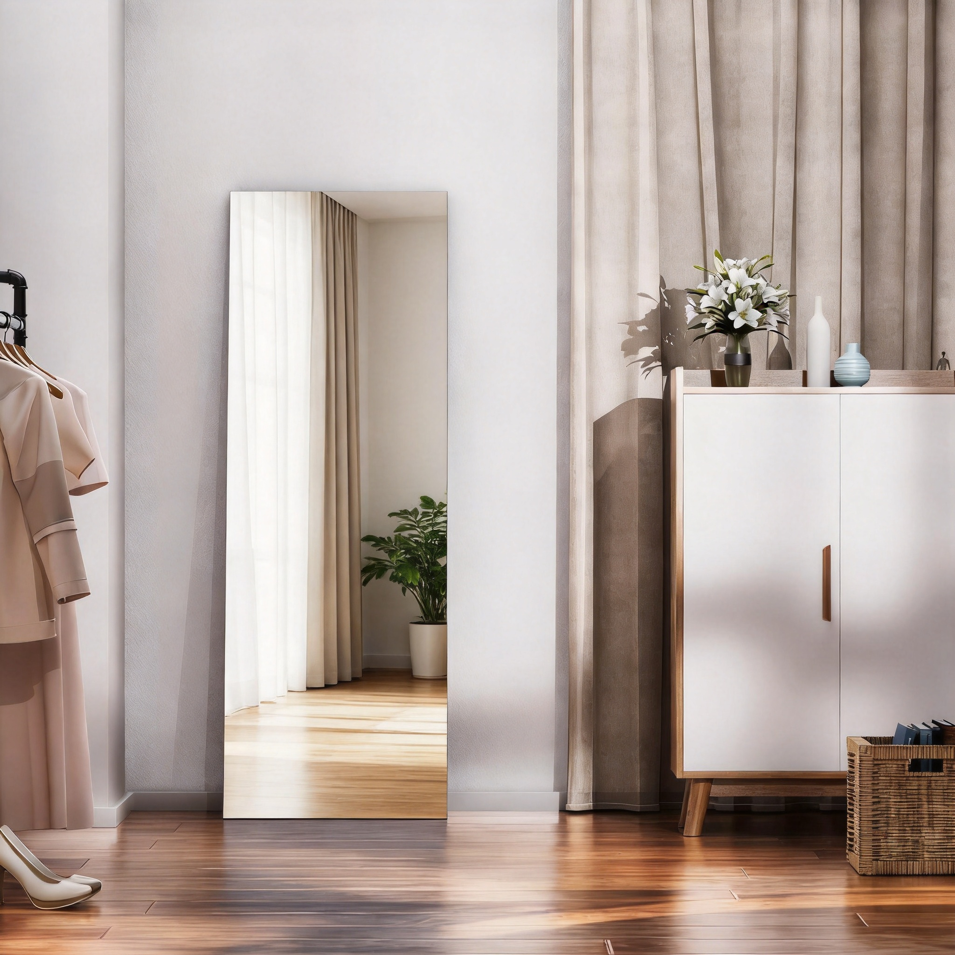 Door Mirror Full Length, 47"x 16" Full Body Over The Door Hanging Wall Mounted Mirror for Bedroom, Living Room, Cloakroom, Square White image 2