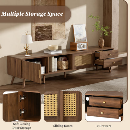 76" Modern Rattan Doors TV Stand for TVs up to 85 Inches, Wood-Grain Entertainment Center with Storage Cabinets, TV Media Console Table for Living Room, Bedroom image 5