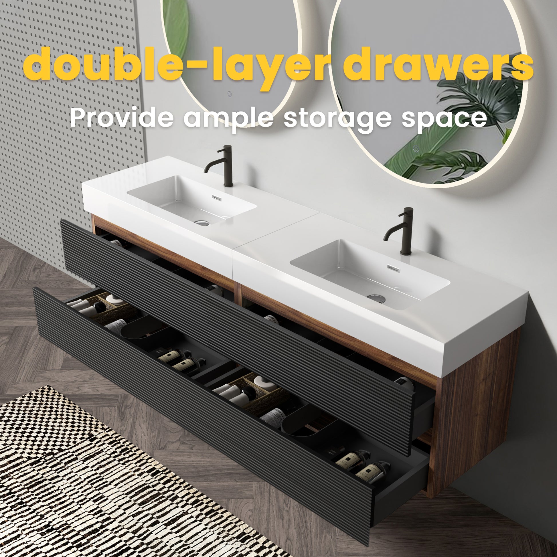 Grace 72''(36Inch*2) Bathroom Vanity with Matt Black Engineered Quartz Sink and Soft Black Drawers, Wall Mounted Floating Bathroom Vanity, One-Piece Glossy White Basin, KD image 5