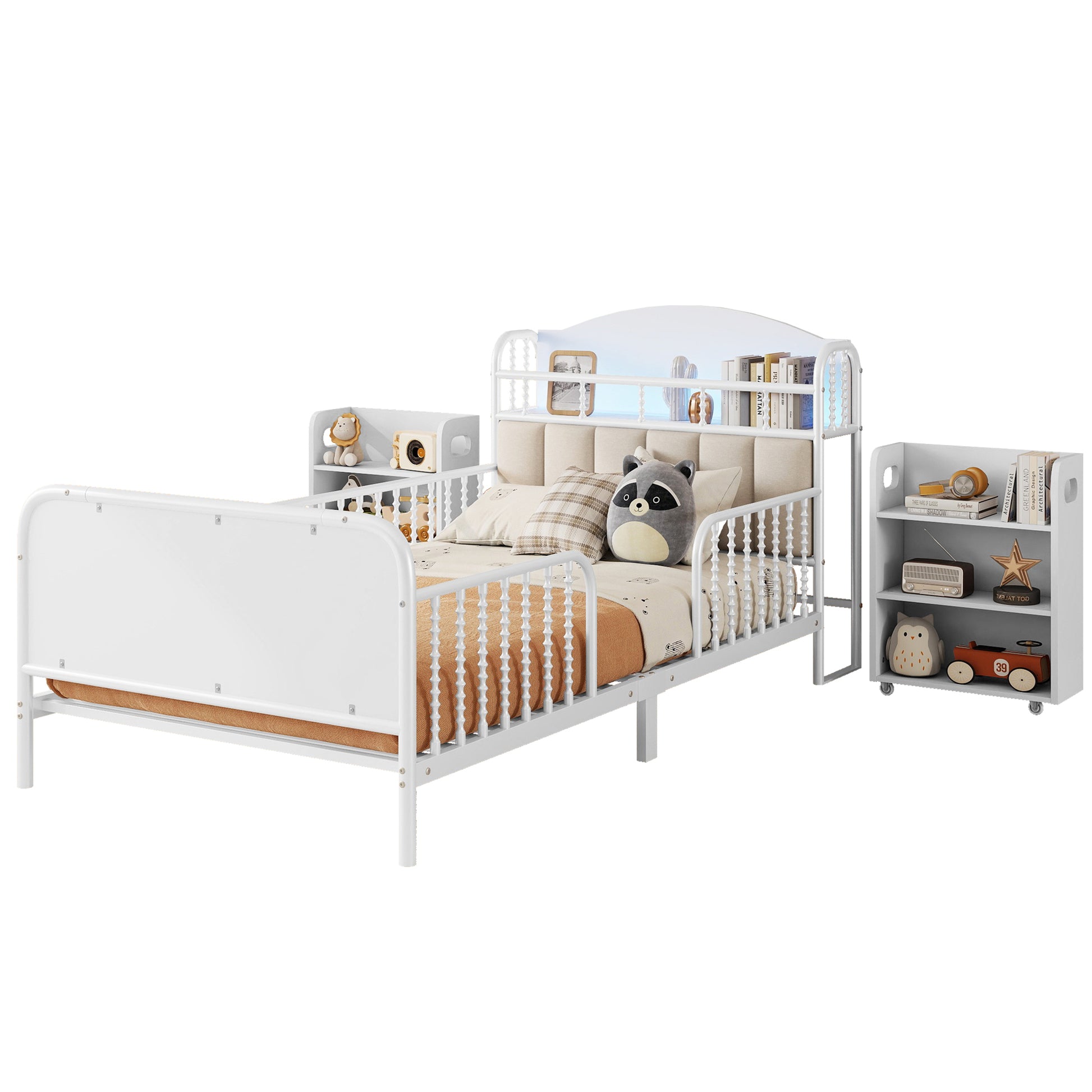 Twin Size Metal Platform Bed Frame with Light, Kids Twin Metal Bed with Upholstered and Pull Out Storage Shelves, White (Expect Arrival Date 2025/10/5) image 10