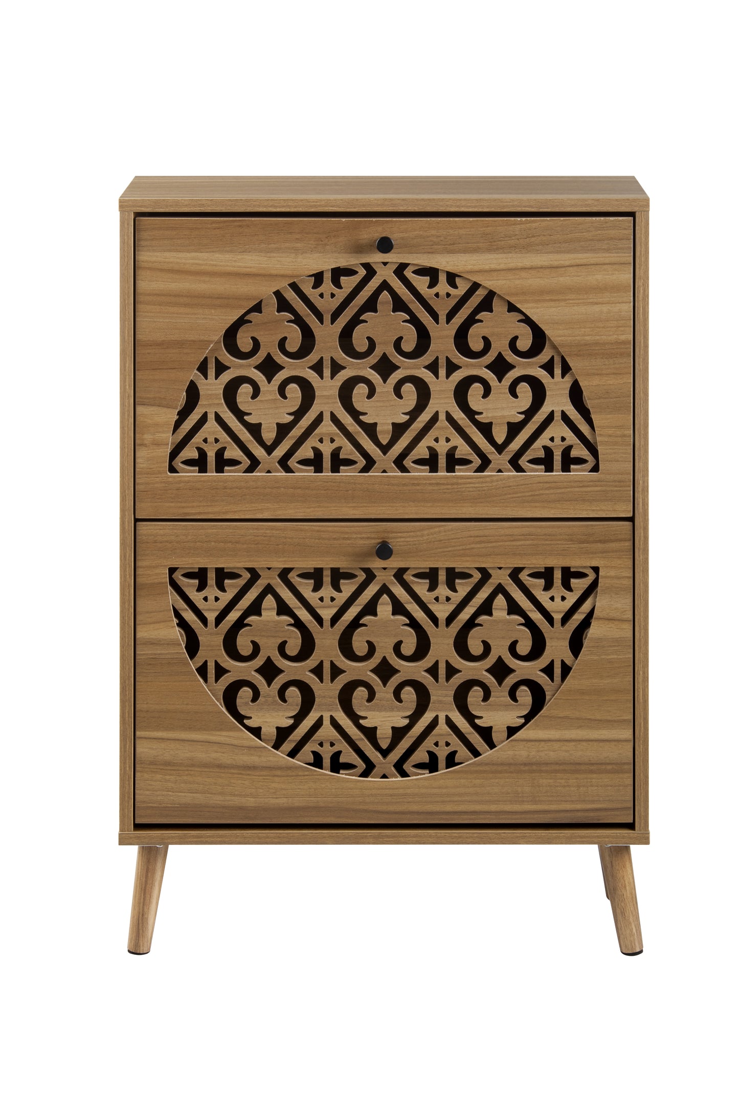 Japandi Narrow Shoe Cabinet with 2 Flip Drawers, Carved Floral Pattern Wooden Shoe Storage Organizer, Freestanding Hidden Shoe Rack for Entryway, Hallway, Living Room, 6.7"x23.63"x34.26",Walnut Brown image 6