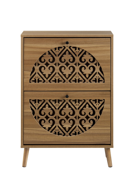 Japandi Narrow Shoe Cabinet with 2 Flip Drawers, Carved Floral Pattern Wooden Shoe Storage Organizer, Freestanding Hidden Shoe Rack for Entryway, Hallway, Living Room, 6.7"x23.63"x34.26",Walnut Brown image 6