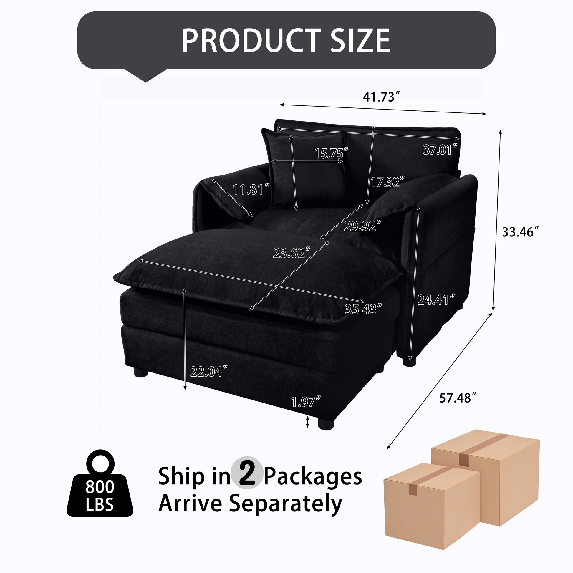 Oversized 57.48" Recliner Chair with Movable Ottoman - Soft Chenille Upholstered Indoor Lounge Chair for Living Room or Bedroom,DIY Combination,Black image 3