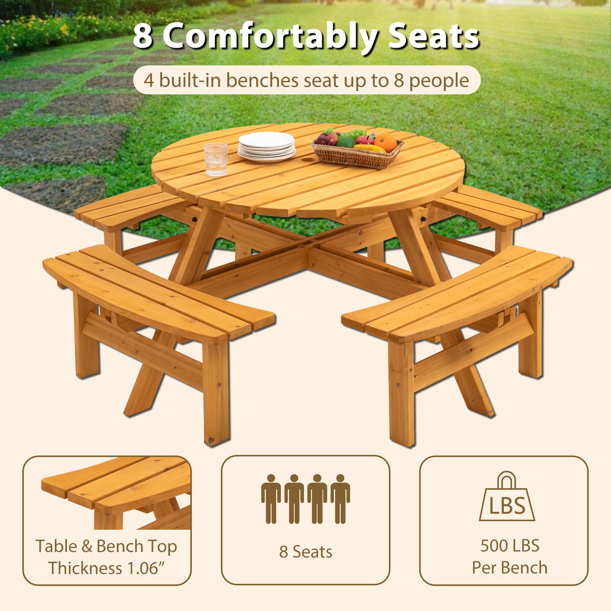 8 Person Wooden Picnic Table, Outdoor Camping Dining Table with Seat, Garden, DIY w/ 4 Built-in Benches, 2220lb Capacity - Natural image 6