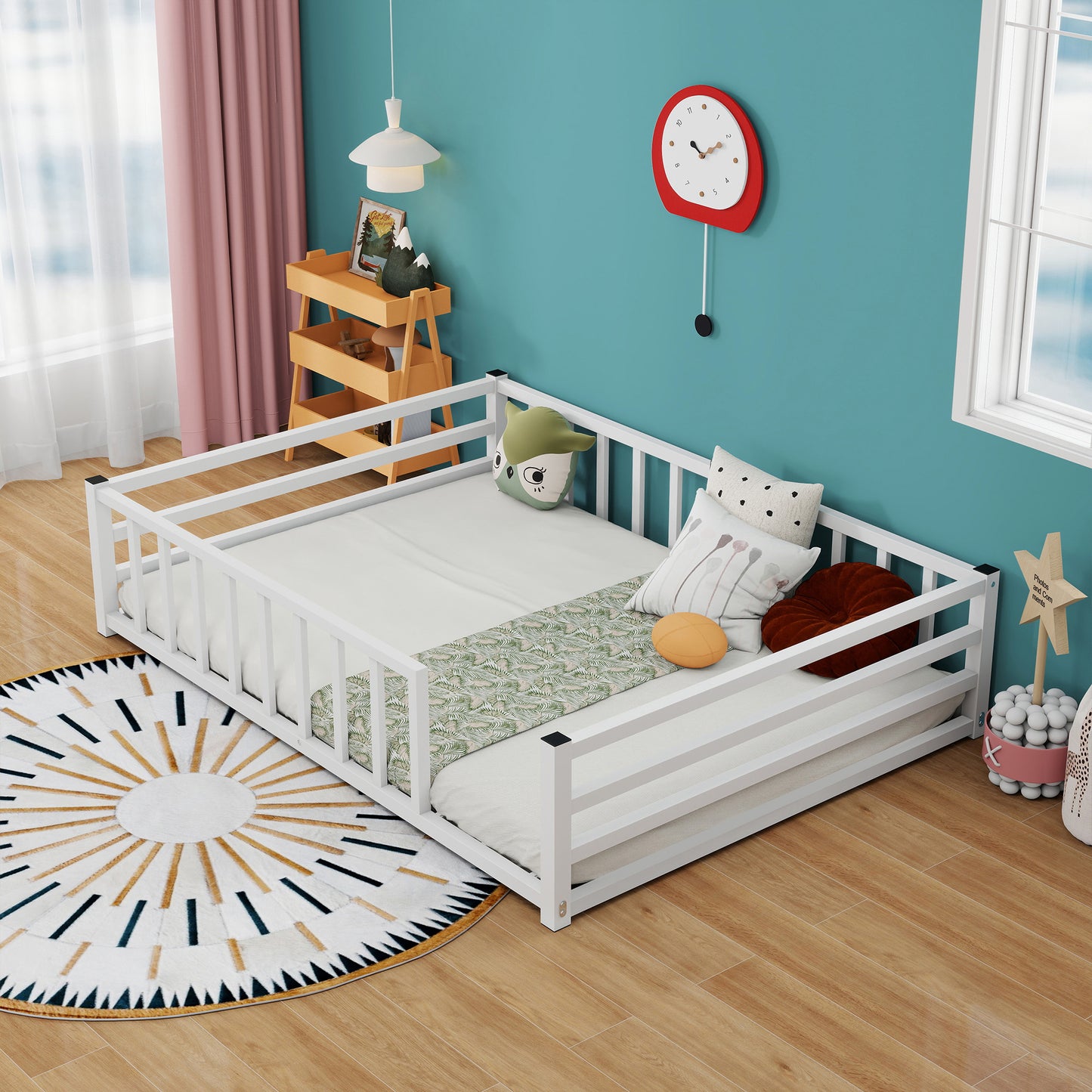 Full Size Floor Bed, Low Profile Metal Platform with Heavy Duty Guardrails, No Box Spring Needed, White image 4