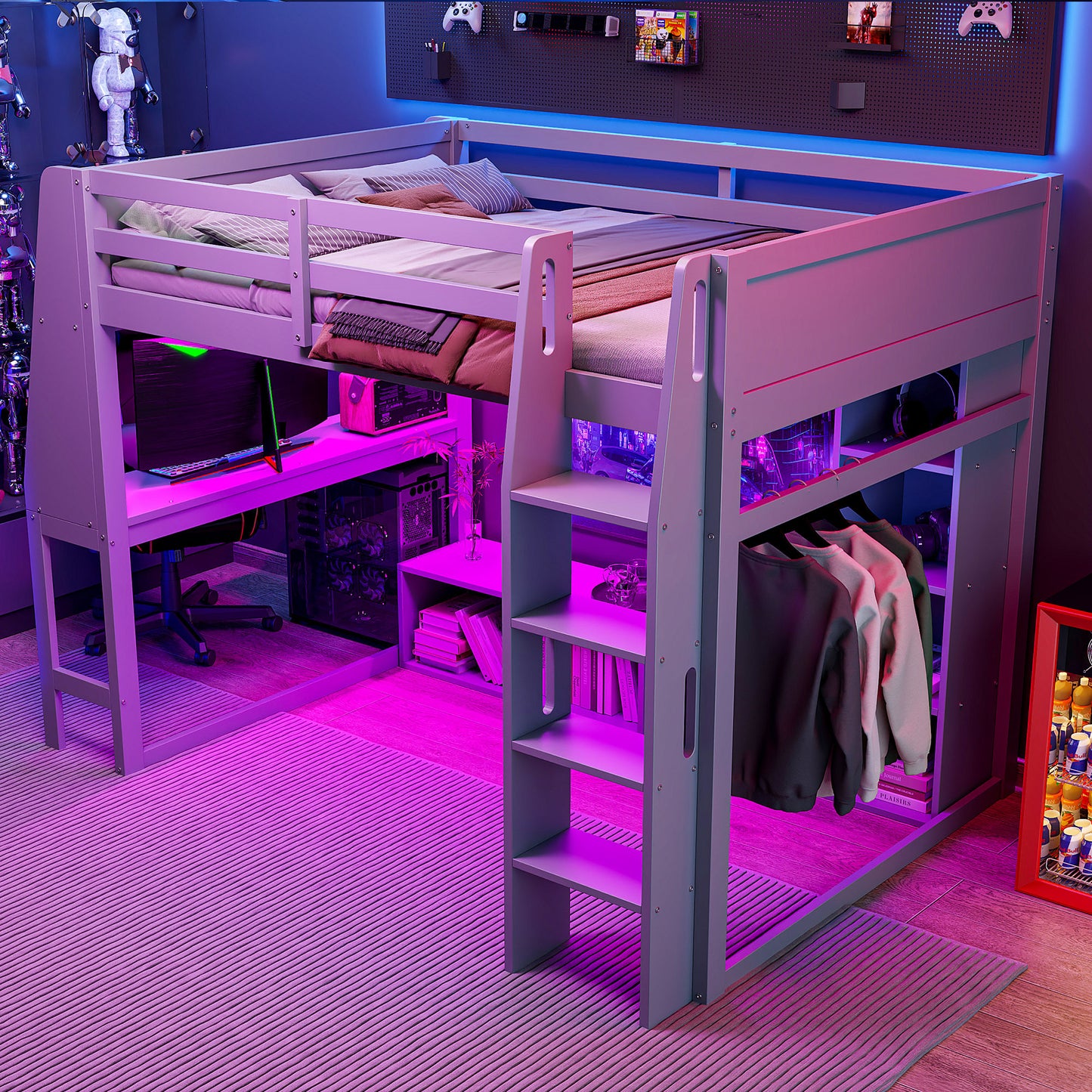 Wood Full Size Gaming Loft Bed with Desk, Multi-storage Shelves, LED and a Hanging Clothes Rack, Gray(Old SKU:N7090001042E) image 2