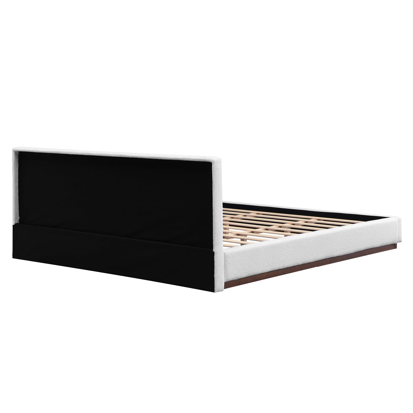 Elegant White Fabric Upholstered Bed With Nice Wood Grain Textured Brown Solid Wood Base Frame,White,King image 6