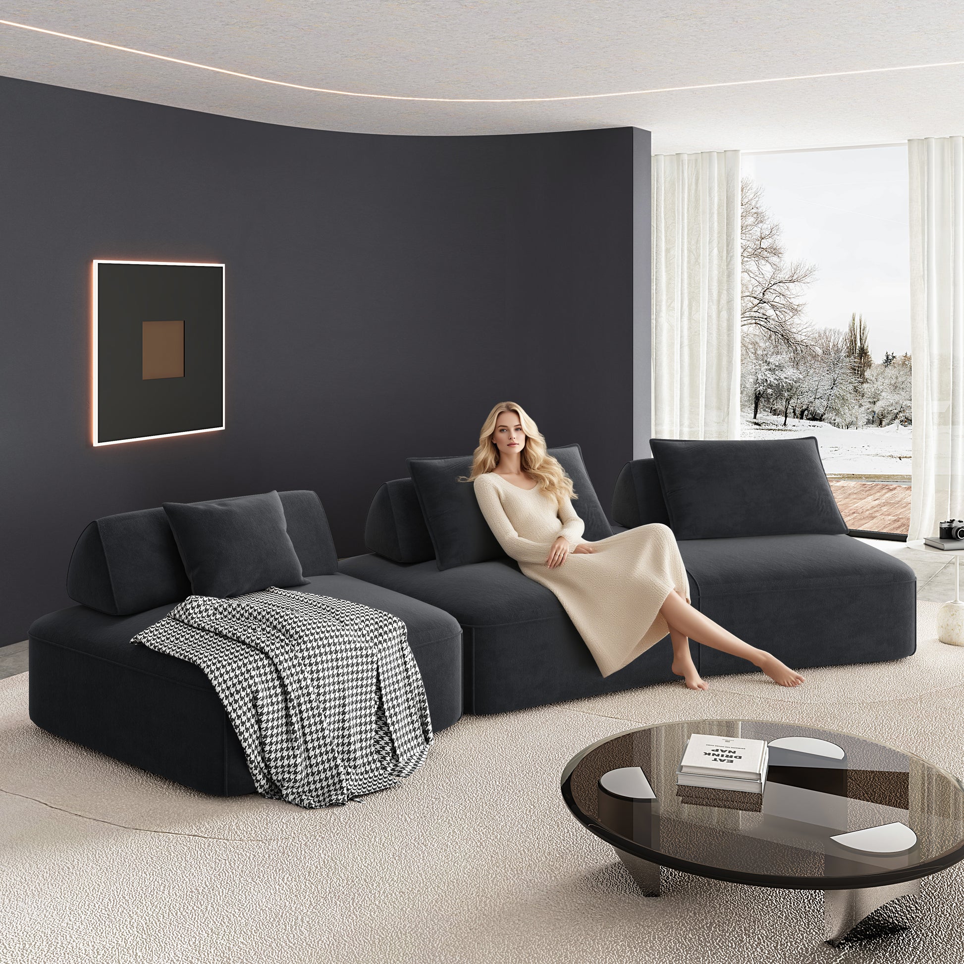 139" Modern Light Luxury Oversized Modular Sectional Sofa Set,DIY Upholstered Fluffy Chenille Sofa with Removable Backrests and Soft Pillows,Deep Seat Couch & Sofa Bed for Living Room,Office,Dark Grey image 11