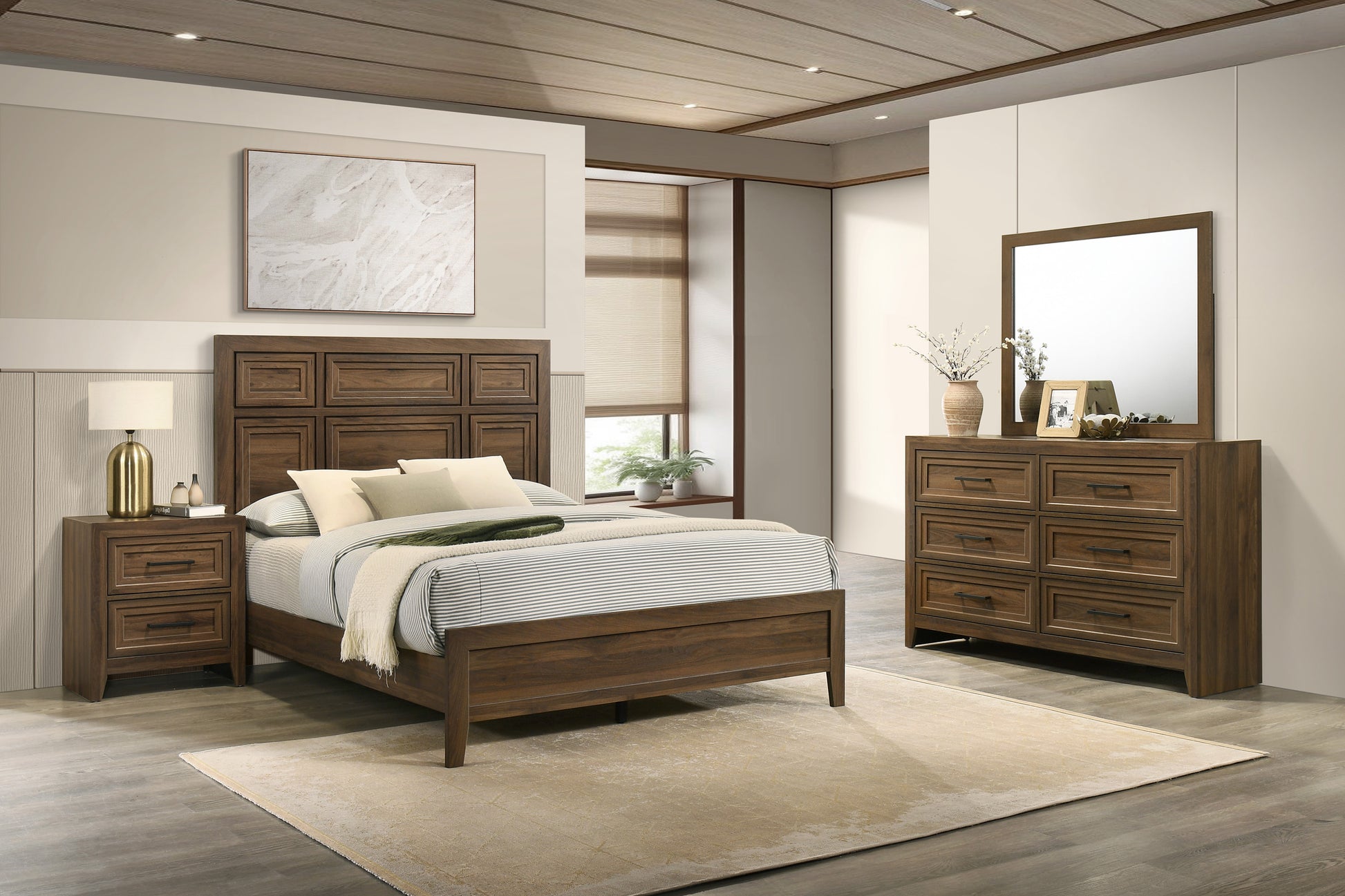 1pc Contemporary Six Drawer Dresser Geometric Design Brown Finish Wooden Furniture image 6