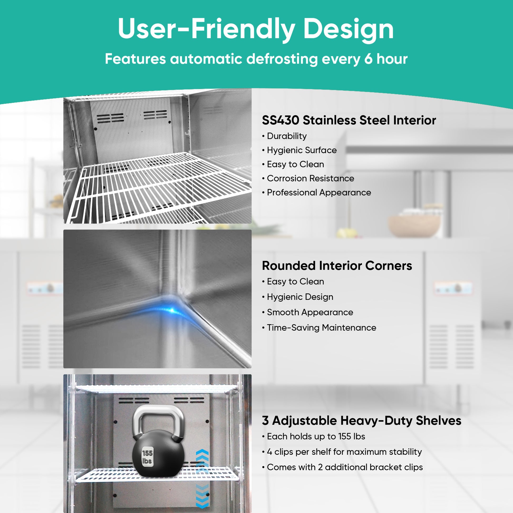 54"Commercial Freezer, 49 Cu.Ft Double Door Stainless Steel Reach-In Freezer, -8~0℉, Air Cooling, 6 Shelves, R290, ETL image 3