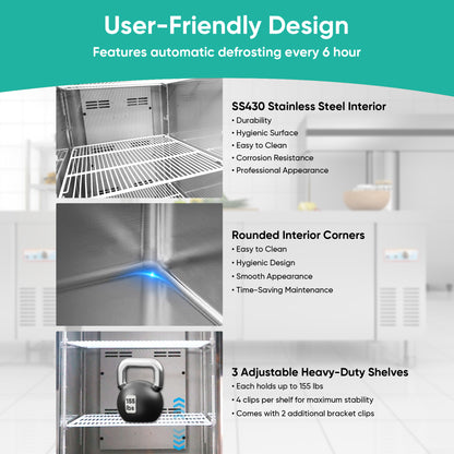 54"Commercial Freezer, 49 Cu.Ft Double Door Stainless Steel Reach-In Freezer, -8~0℉, Air Cooling, 6 Shelves, R290, ETL image 3