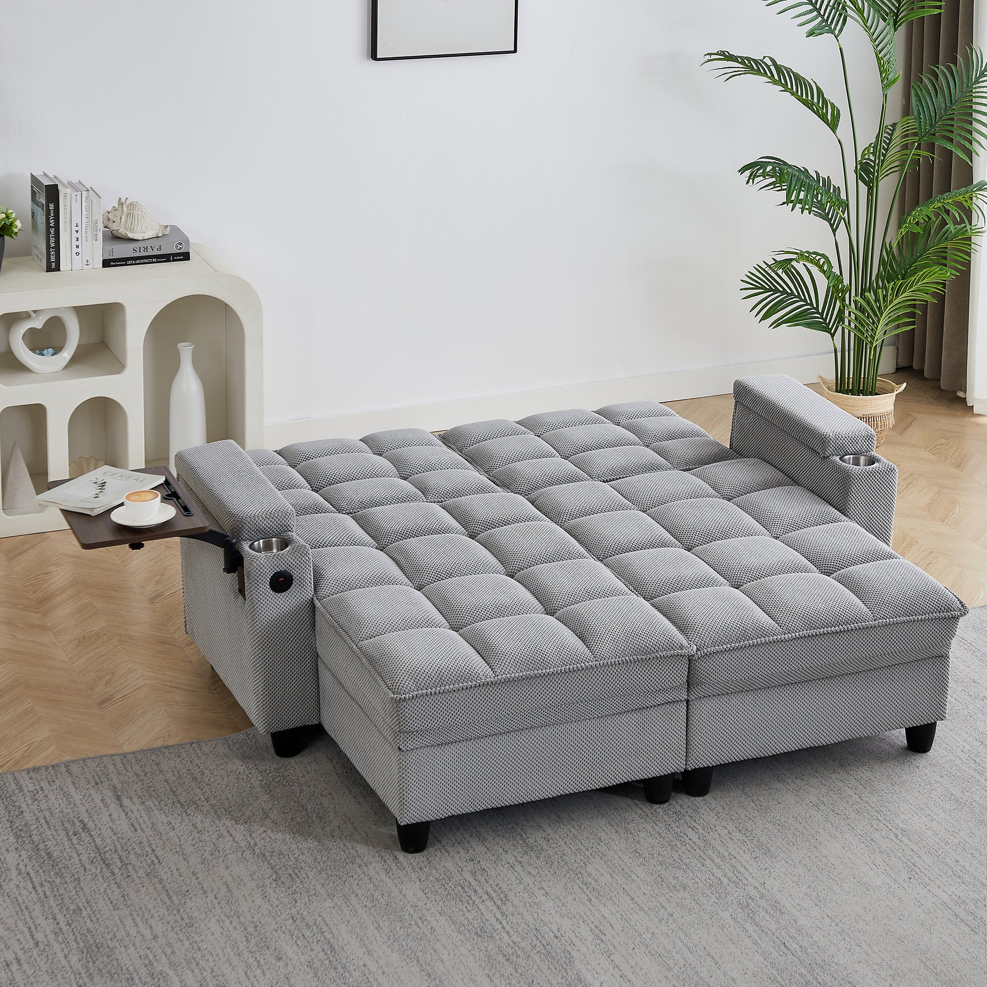 Light Grey Sofa,Sleeper Sofa Bed with 6-Position Adjustable Backrest,USB Ports, Cup Holder and Swivel Side Table image 3