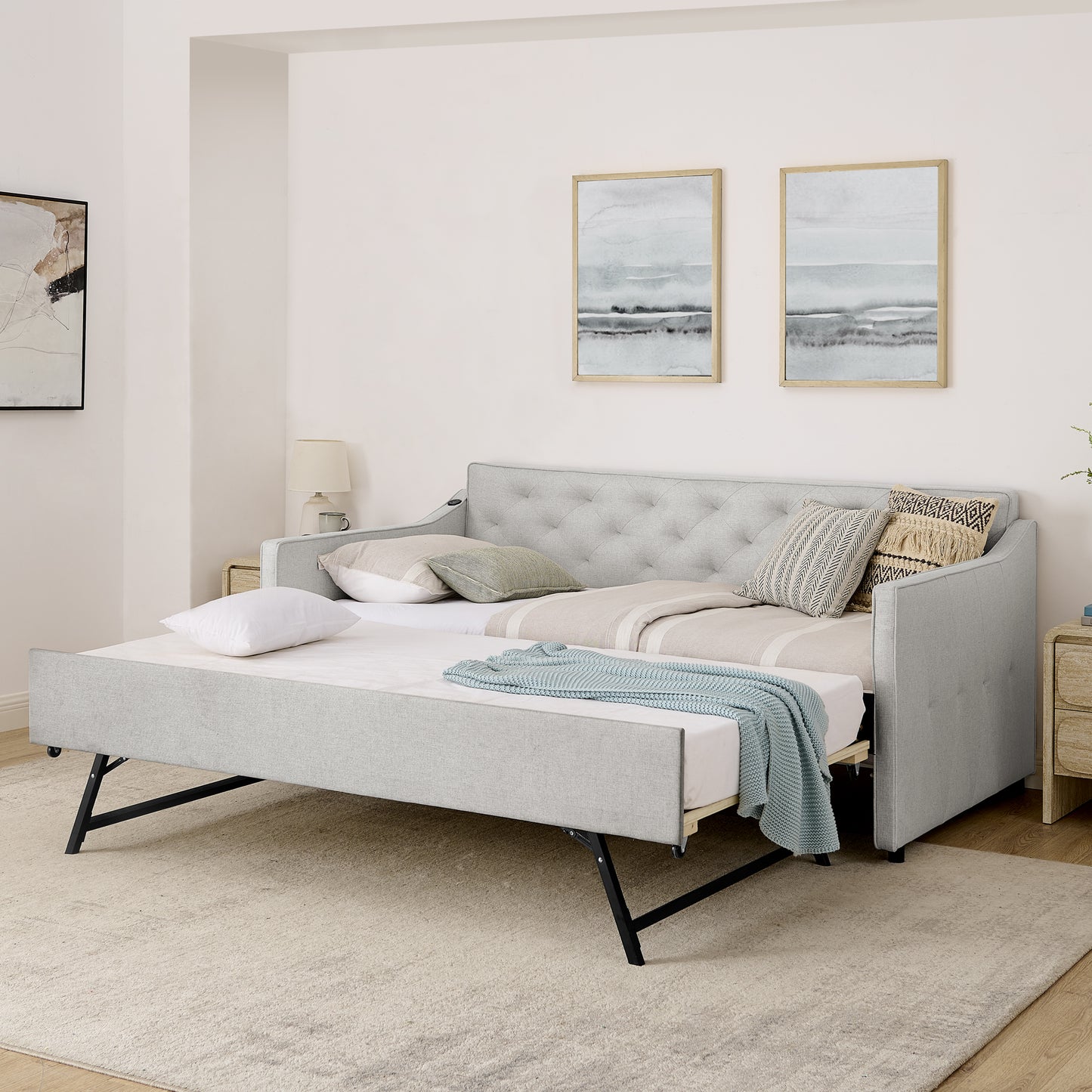 Twin Size Upholstery DayBed with Twin Size Pop-up Trundle and USB Charging Design image 2