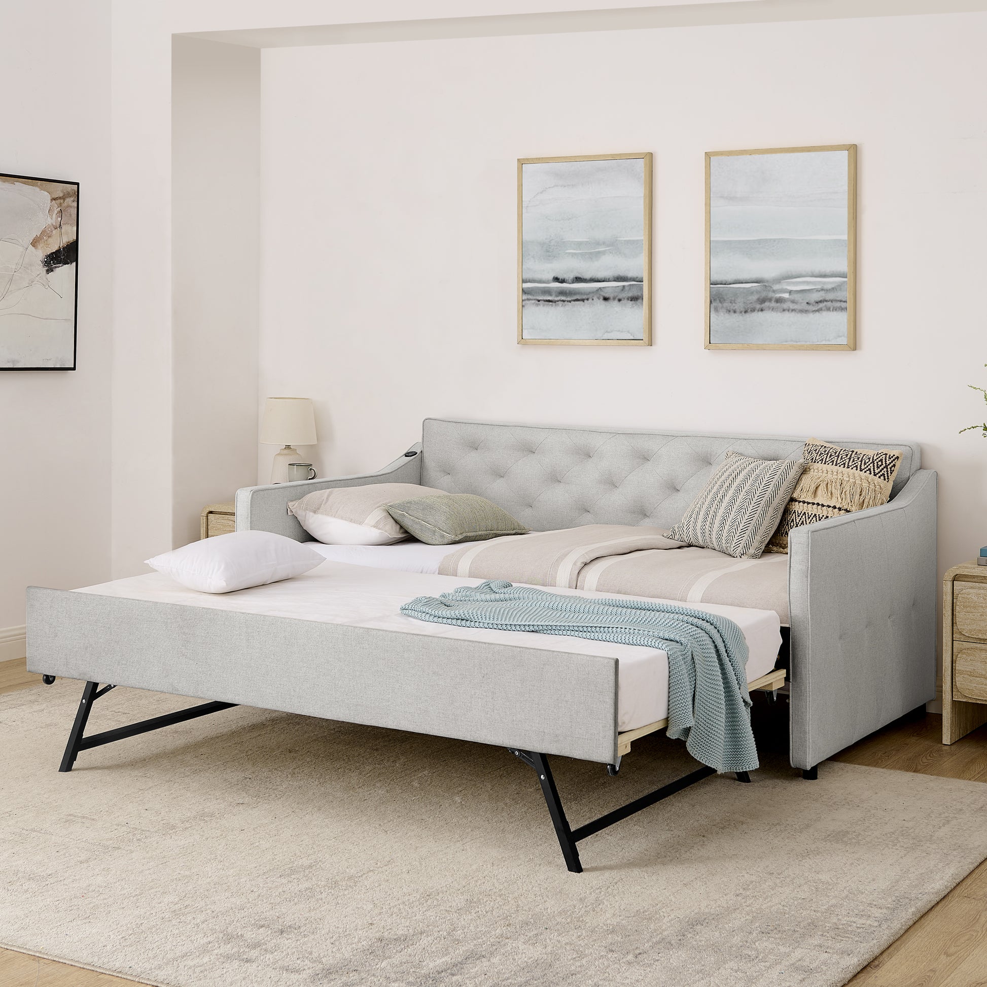 Twin Size Upholstery DayBed with Twin Size Pop-up Trundle and USB Charging Design image 2