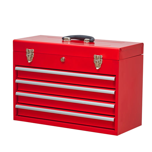 Metal Tool Box with 4 Drawers Portable Steel Tool Chest with Metal Cylinder Lock and Latch Closure, Liner, Red Powder coating, suitable for Garage, Warehouse and Outdoor Repair job-Red image 1