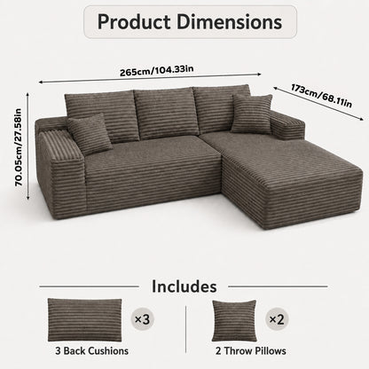 105.1-inch modern Coffee corduroy L-shaped 7-shaped sofa with left side lounge chair, pure sponge compressed cloud sofa, suitable for living rooms, apartments, tool free assembly. image 4