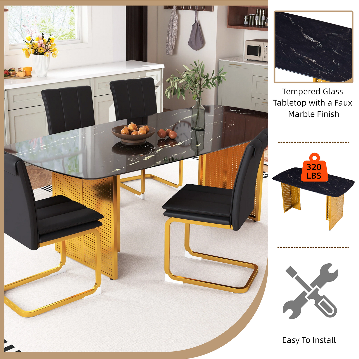 Modern-Style Rectangular Tempered Glass Dining Table for 6, Featuring a Marble-Patterned Design with Golden Hollow-Out Metal Legs, an Ideal Dining Table for Living Rooms and Home Offices. image 8