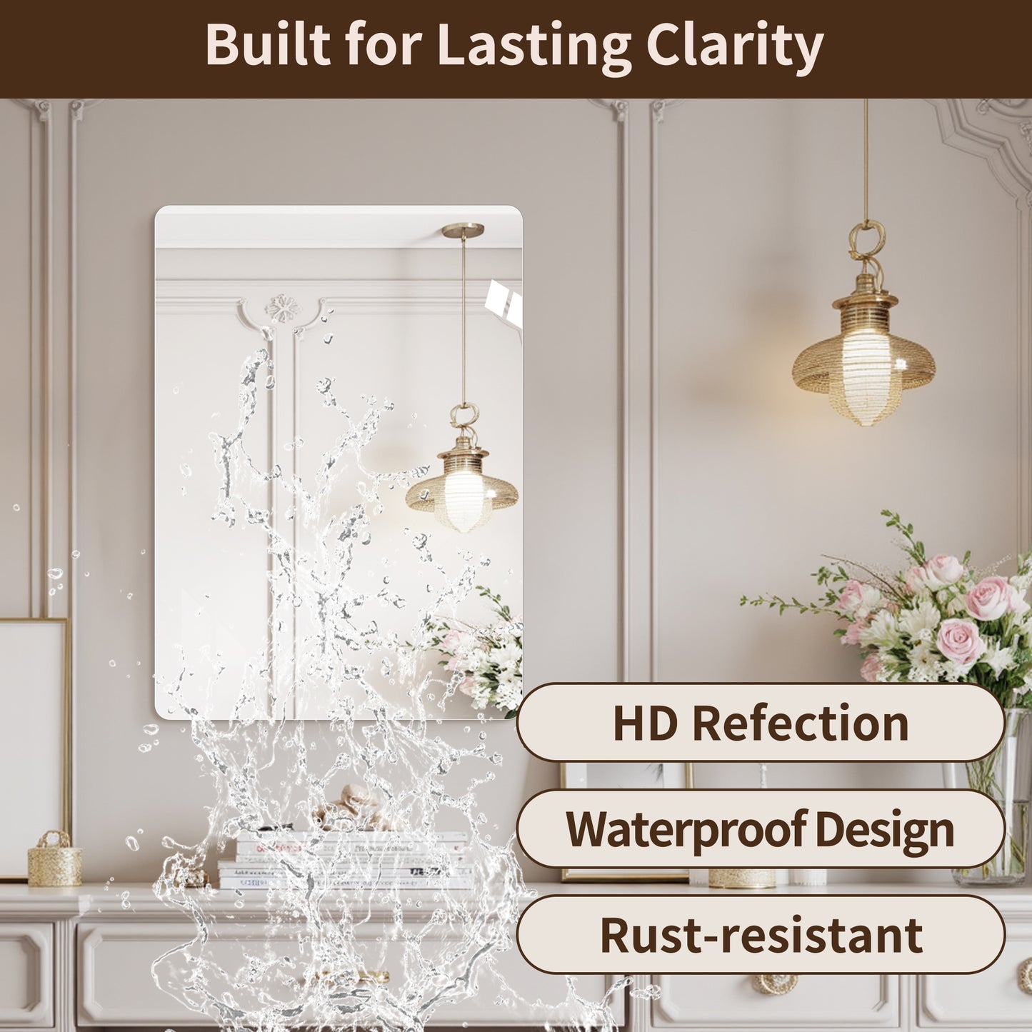 Modern Frameless Bathroom Mirror, 36 x 30 Inch Rectangular Vanity Mirror with Copper-Free Silver Glass and Shatter-Resistant Backing image 8
