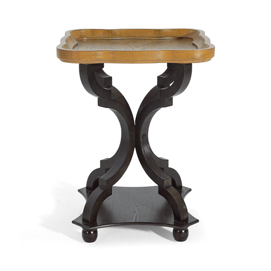 French country end table natural black hourglass base front view
