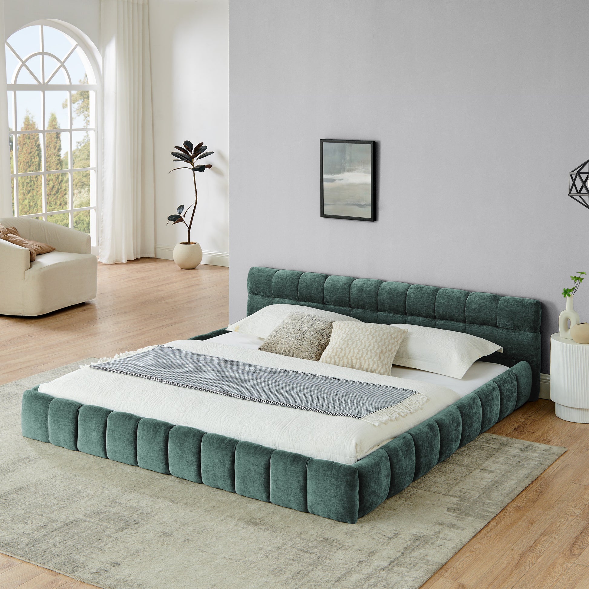 King size Upholstered Bed Frame with Thick Fabric, Chenille Fabric Grounded King Size Platform Bed with Headboard and Solid Frame. No Box Spring Needed-green(88.5''*85.5''*24'') image 1