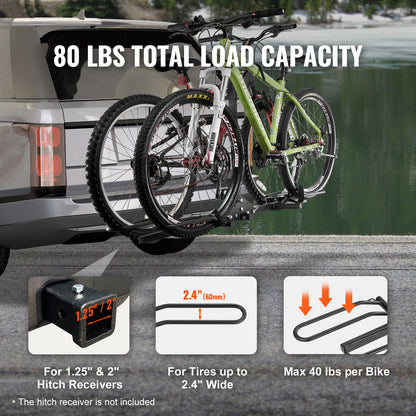 Hitch Mount Bike Rack, 2-Bike Platform Style, 80 LBS Max Capacity Bike Rack Hitch for 1.25-/2-inch Receiver, Titling and Folding Bike Carrier with Tires up to 2.4" Wide, for Car, SUV, Truck, RV image 5