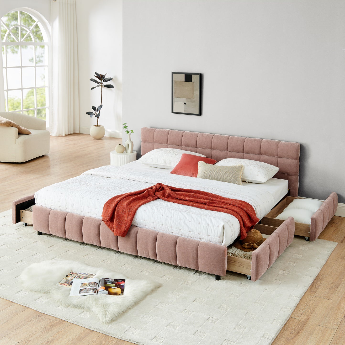 King Size Upholstered Bed,comfortable upholstered bed frame, Chenille fabric, with headboard and solid bed frame. With drawer for storage.-Pink(88.5''*85.5''*31'') image 1