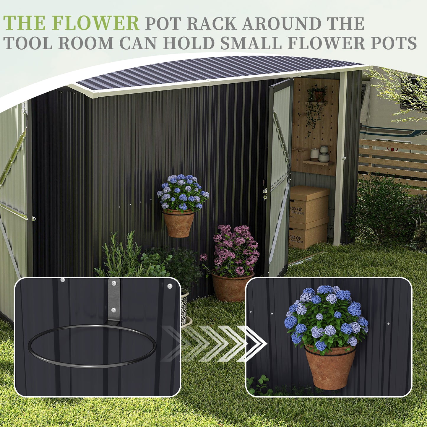 10x12 FT Outdoor Metal Storage Shed, Large Storage Sheds with Sturdy Frame Structure, Metal Garden Tool Shed with Lockable Door for Garden,Gift a foldable flower pot stand, Backyard, Drak gray image 2