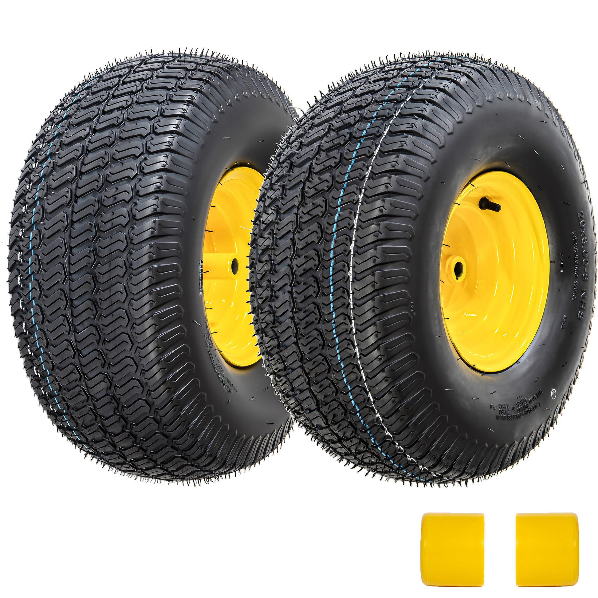 Set of 2 20x8.00-8 Lawn Mower Tires and Wheel Assembly, 4-Ply Tubeless Turf Tread Heavy Duty, 3.5" Centered Hub with 3/4" Bore and 3/16" Keyway, Yellow Steel Rim for Zero-Turn Mowers, 905 lbs Capacity image 1