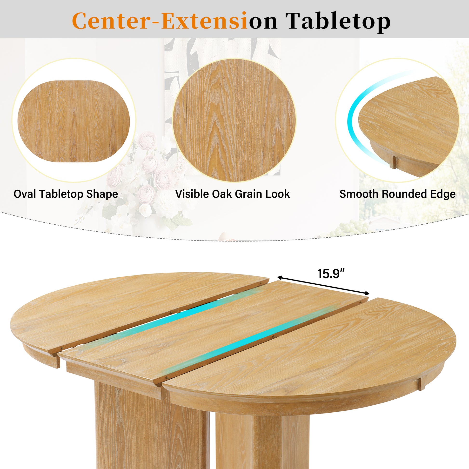 TREXM Oval Extendable Dining Table, Modern Farmhouse Kitchen Table with Pedestal Base and Adjustable Foot Pads for Dining Room, Kitchen (Natural) image 11
