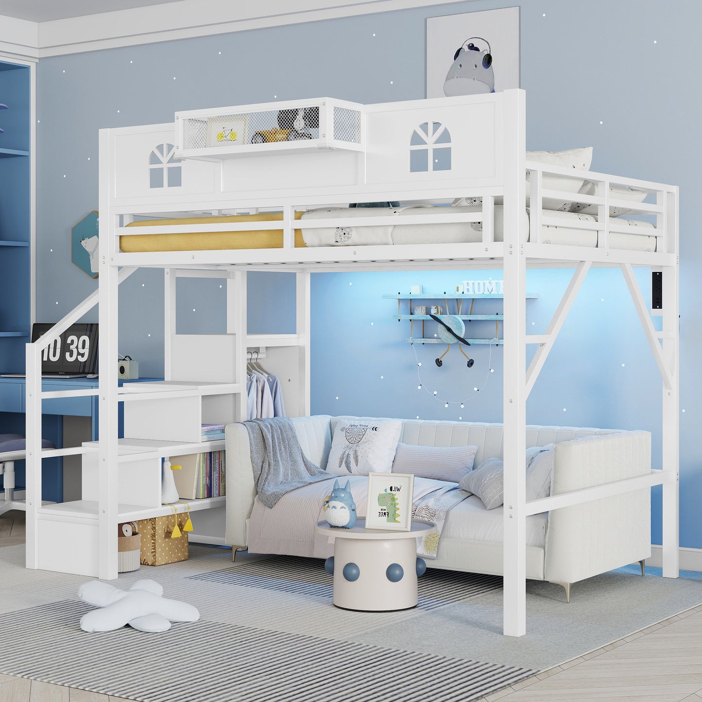 Full Size Loft Bed with Stairs, Metal Full Loft Bed with High and House Shaped Guardrails, High Loft Bed with Wardrobe for Kids Teens, White (Old SKU W2593S00037 Expect Arrival Datee2026/3/17) image 4