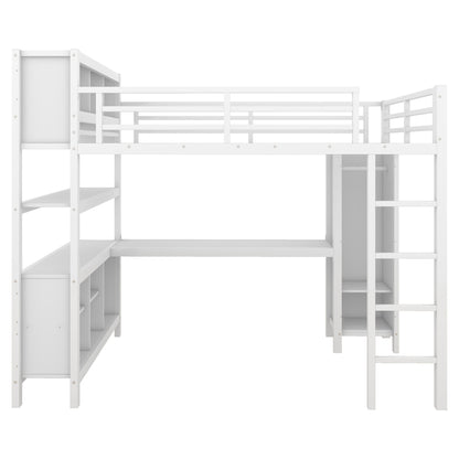 Metal Loft Bed with Wardrobe And L-shaped Desk, Full Size Loft Bed with Storage Cubes and Shelves, Heavy Duty Loft Bed for Kids Teens Adults, White image 8