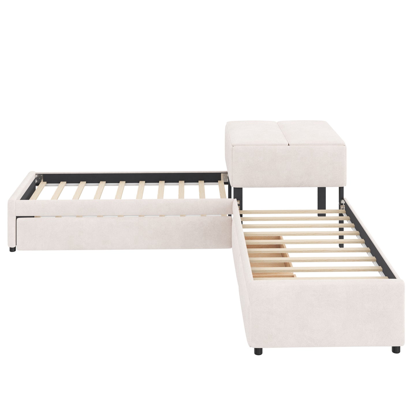 L-shaped Upholstered Platform Bed with Trundle and Two Drawers Linked with built-in Desk,Twin,Beige image 11