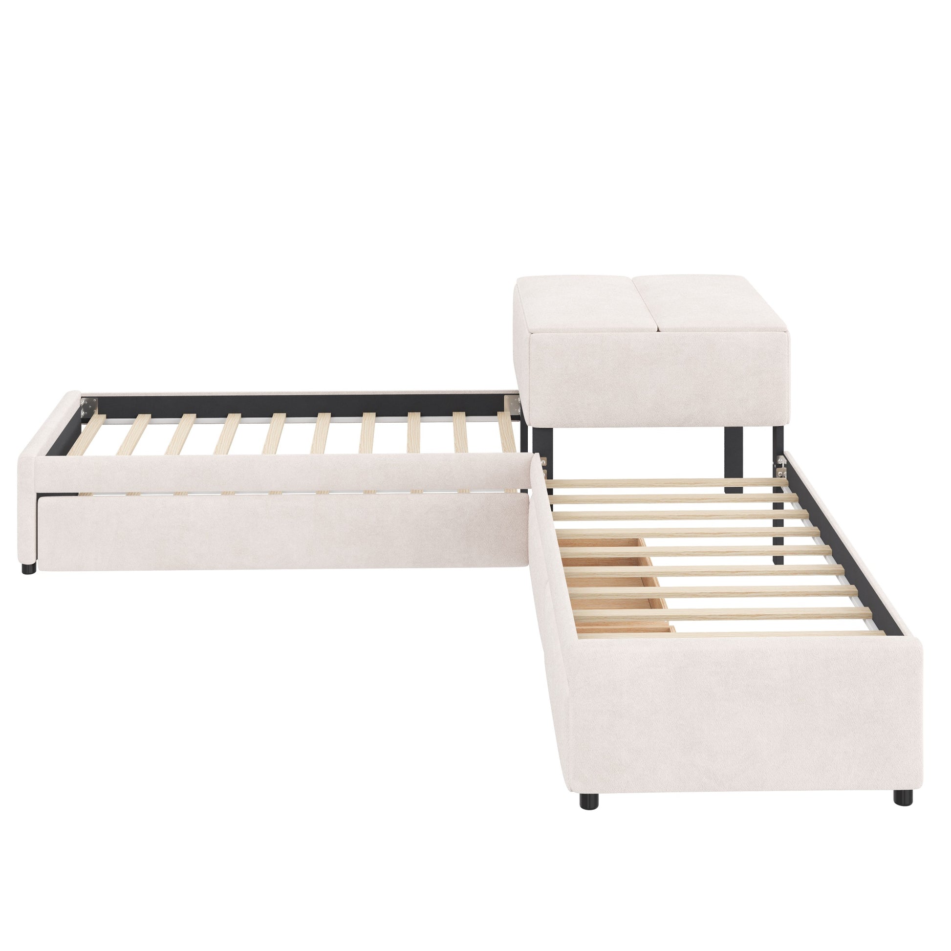 L-shaped Upholstered Platform Bed with Trundle and Two Drawers Linked with built-in Desk,Twin,Beige image 11