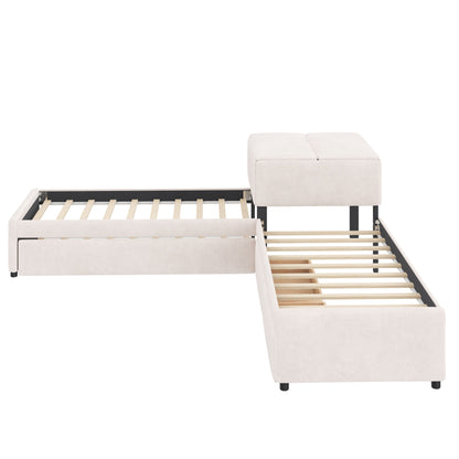 L-shaped Upholstered Platform Bed with Trundle and Two Drawers Linked with built-in Desk,Twin,Beige image 11