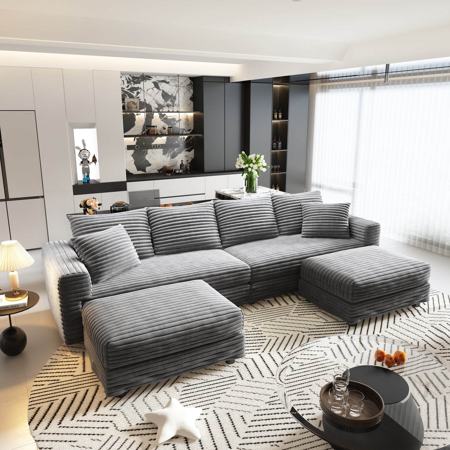 102.4 "Plush Corduroy 4-Seat Sofa,Modern Comfy Upholstered Sofa Cloud Couch,Deep Seat Couches with Soft Pillows and 2 Ottomans,Convertible Sofa Lounge Chair,Grey(Old SKU:W1885S00279) image 1